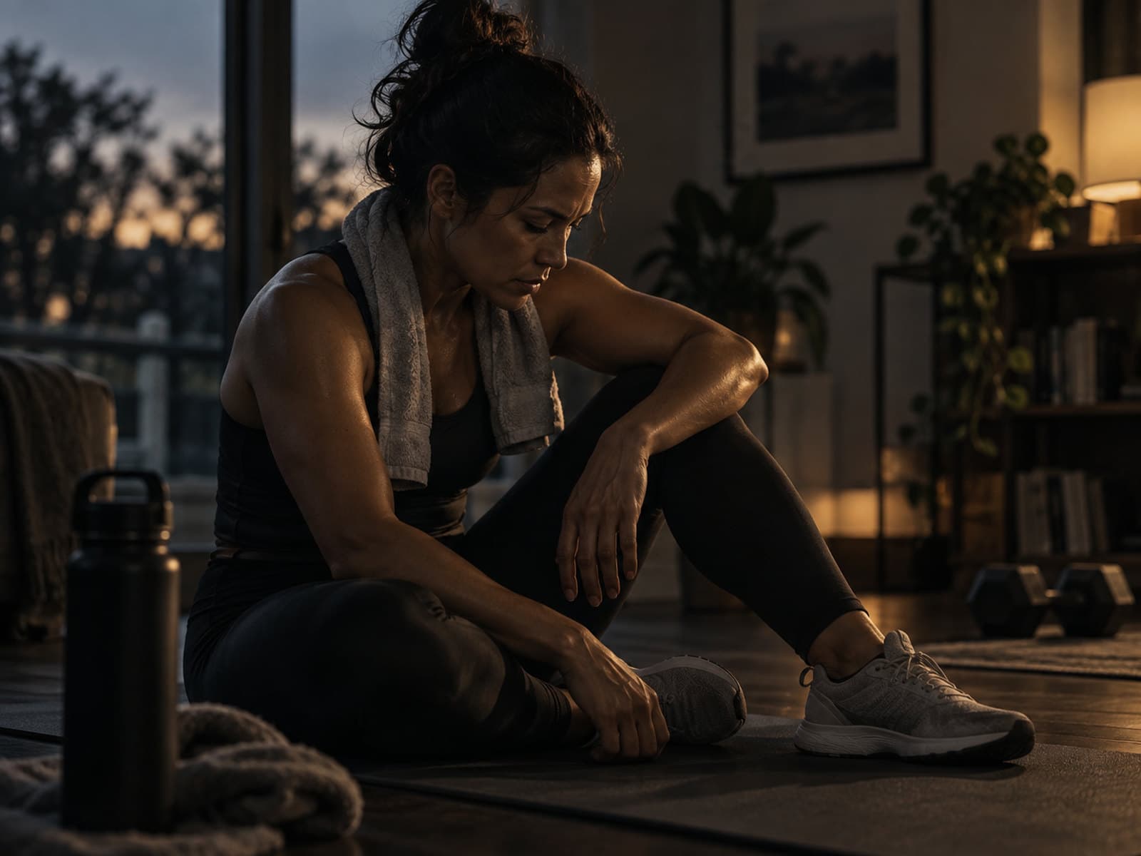 A woman taking a quiet moment after training at home