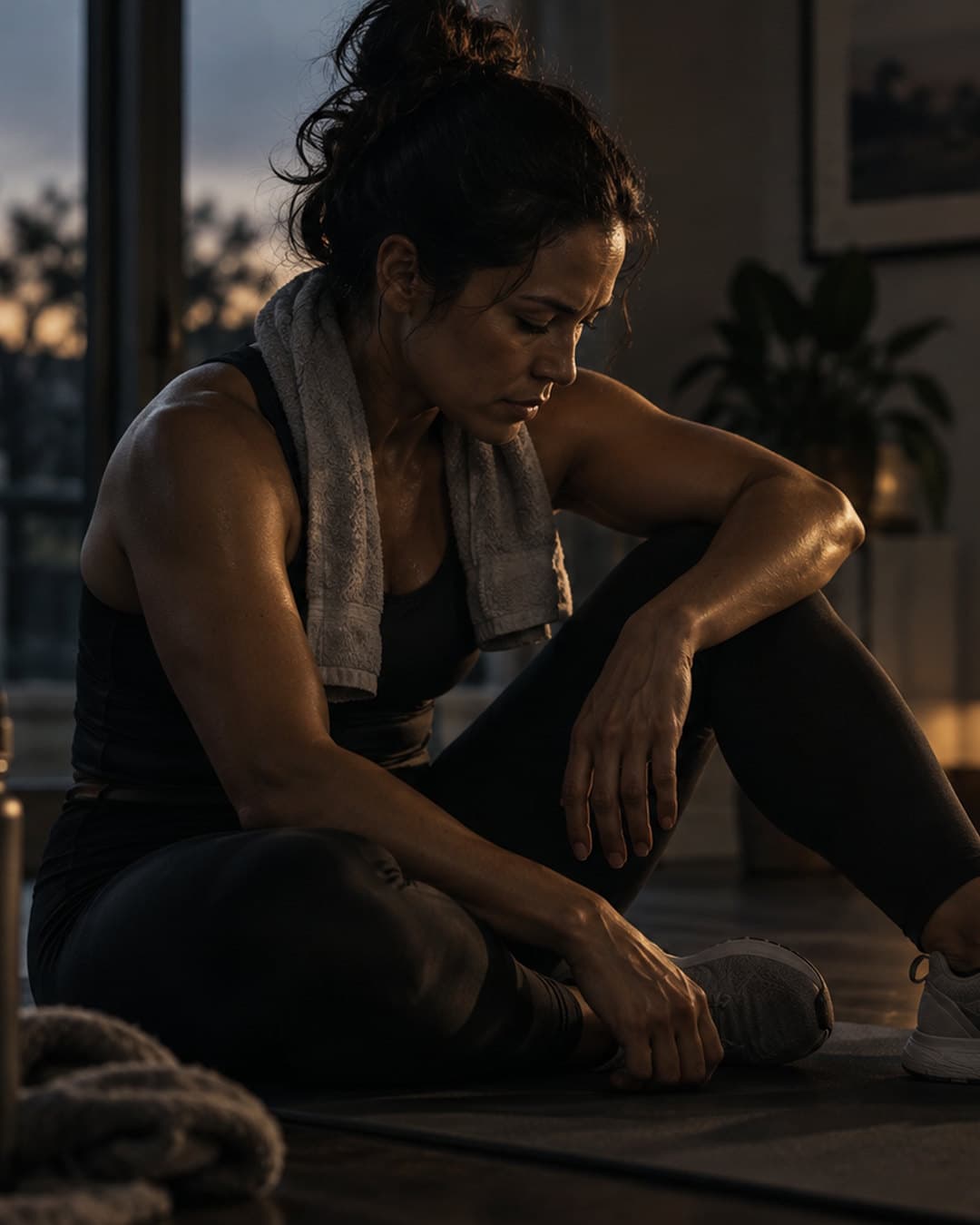 A woman taking a quiet moment after training at home